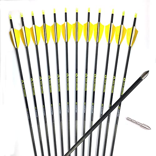 ACCMOS 31" Pure Carbon Arrow Spine 350 400 500 600 700 800 900 1000 ID 4.2mm with 2.5" Turkey Feather Hunting Arrows for Recurve bow Compound bow Archery 12pc (6pcs, Spine 600)