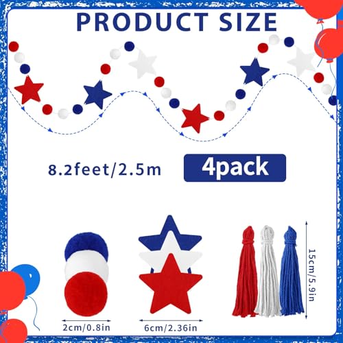 Image of Jansun 4 Pack 26.3 Ft 4th of July Patriotic Red Blue White Stars Banner | Tassel Pom Pom Red Blue White Star Garland, for Independence Day Veterans Party, Memorial Day Birthday Hanging Decorations