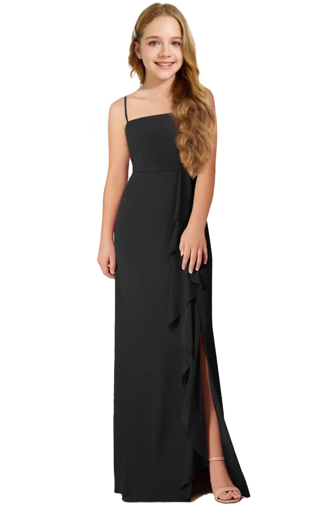 Augday Chiffon Juniors Bridesmaid Dresses with Slits Spaghetti Straps Flower Girl Dresses Wedding Party Dress UJR002