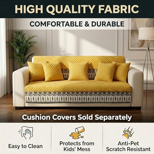 Image of KINGLY Sofa Cover 4 Seater Fully Covered | Stretchable Anti-Slip Slipcover | Washable Furniture Protector | Mustard Yellow | Set of 2 | Seat & Back |