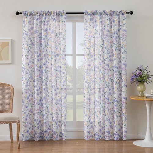 Image of SUOUO Violet Floral Semi Sheer Curtains Linen Textured for Living Room Patterned Leaves 96 inches Long Window Drapes for Dining Bedroom 2 Panels