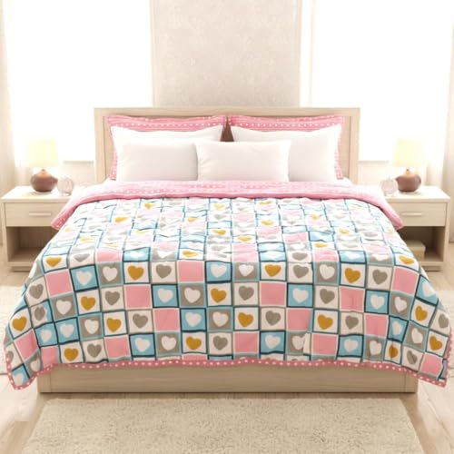 Image of 220 GSM 100% Cotton Microfibre Reversible Comforter AC Blanket for Summer /Winter /Quilt Soft Breathable Floral Print Duvet Single /Double Bed (Pink, Double Bed(230X250 CM))