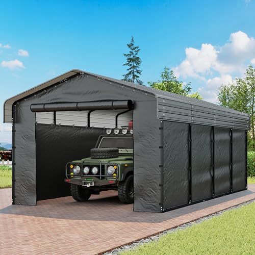 Image of Heavy Duty Metal Carport, 12x20FT Outdoor Carport Canopy with Galvanized Steel Roof and Reinforced Base,Removable Sidewalls & Door, Garage Shelter Shade for Cars,Trucks, Boats, Gray