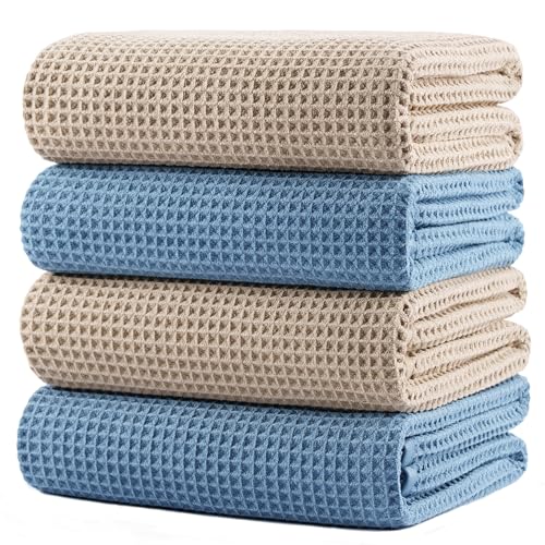 Image of POLYTE 430 GSM Microfiber Oversize Quick Dry Lint Free Bath Towel, 60 x 30 in, 4 Pack (Waffle Weave)