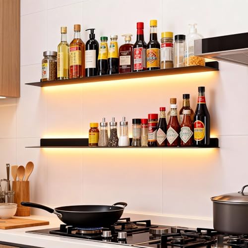 BVCL Estante Flotante Iluminado,Estantes De Pared De Metal con Luz LED,Repisas,Flotantes para Pared de para Salón,Cocina,Dormitori,baño(Gold,60cm)