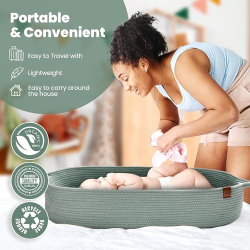 Image of Baby Changing Basket for Baby Dresser, Moses Basket for Babies, Cotton Rope Diaper Changing Basket, Unisex Baby Moses Basket, Foam Diaper Changing Pad for Dresser, Changing Table Topper for Dresser