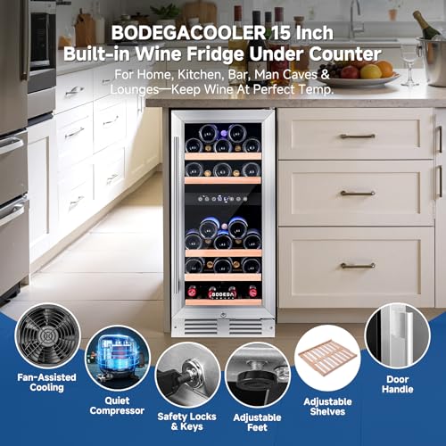 Image of BODEGA 15 Inch Wine Fridge, 30 Bottle Dual Zone Wine Cooler, 41-72℉ Compressor Wine Refrigerator with Tempered Glass Door, Built-in or Freestanding Wine Cooler for Home Kitchen Bar (3.2 cu.ft).