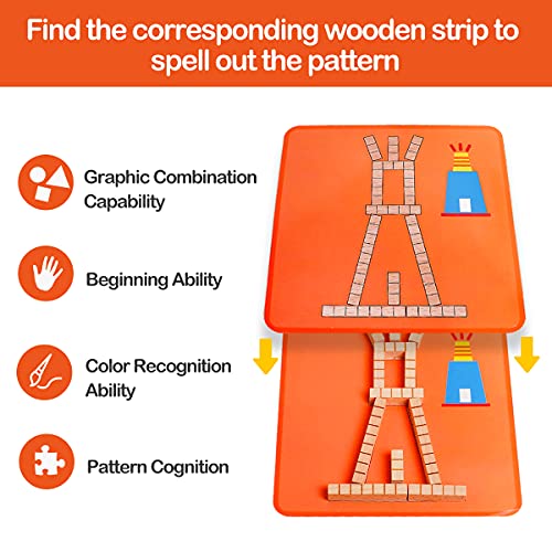 TENGTUNG Wooden Pattern Blocks Puzzles Animal Jigsaw Puzzle Sorting and Stacking Toys Early Educational Montessori Learning Toys for Toddler Kids 3+ Years Old (80 Wooden Strips and 20 Pattern Cards) - Thumbnail 5