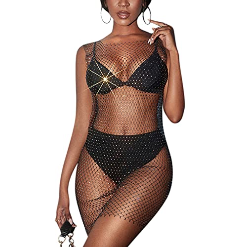 Women’s Sparkly Rhinestone Bikini Dress Sexy Sheer Mesh Sleeveless Swimsuit Cover Up Swimwear for Beach Pool Clubwear2
