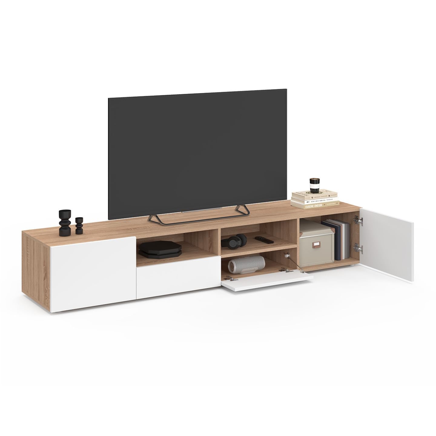 IDMarket - Mueble de TV 180 cm ELI Madera imitación de haya Puertas Blancas