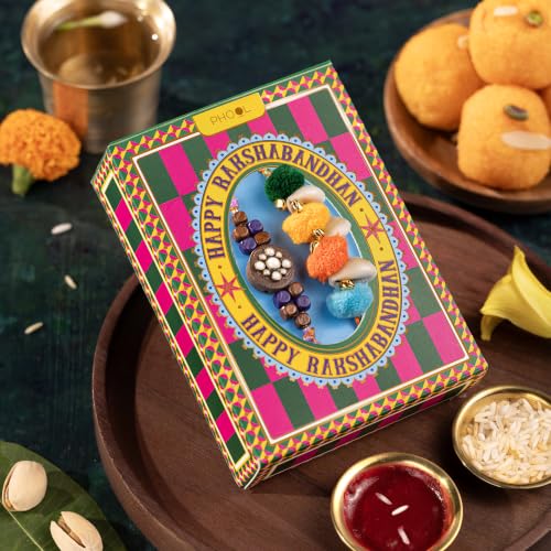 Image of Phool Dastkaar Wood & Kaudi Rakhi Set of 2 for Brother | Handcrafted Designer Combo | Traditional Wooden & Cowrie Shell | Raksha Bandhan Rakhi for Bhai