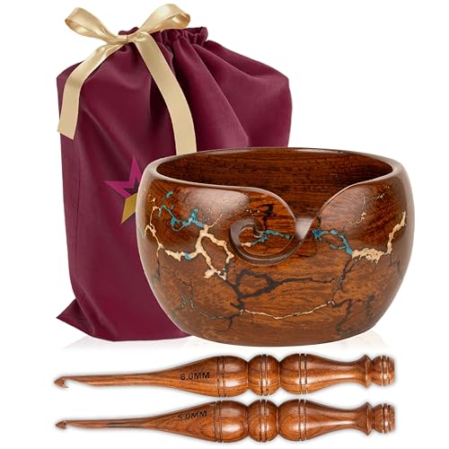 Image of Wooden Yarn Bowl Knitting & Crochet Yarn Holder | Handcrafted Crochet Bowl with Fractal Wood Burning & Blue Resin Inlay (Blue Large 7x7x4) (Multi)