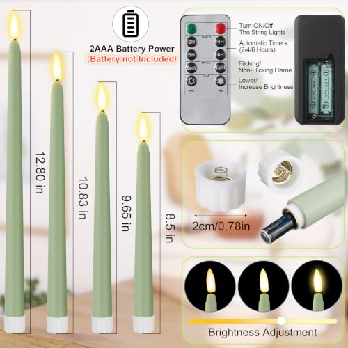 Image of Rossesay 16 Pcs Sage Green Flameless Taper Candles Battery Operated Candles with Remote Timer 8.5 inch 9.6 inch 10.8 inch 12.8 inch Multiple Sizes LED Flickering Candlestick for Wedding Party Centerpieces Decor
