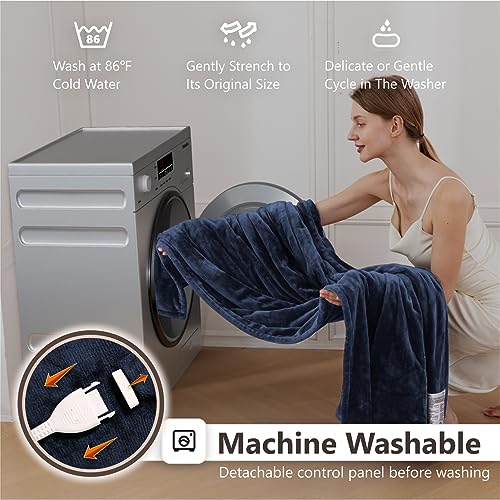 Image of Wapaneus Heated Blanket Electric Blanket 62 inch x 84 inch Twin Size with 10 Heating Levels and 12 Hours time Settings, Flannel Fast-Heating Electric Blanket, ETL Listed, Machine Washable,Dark Blue