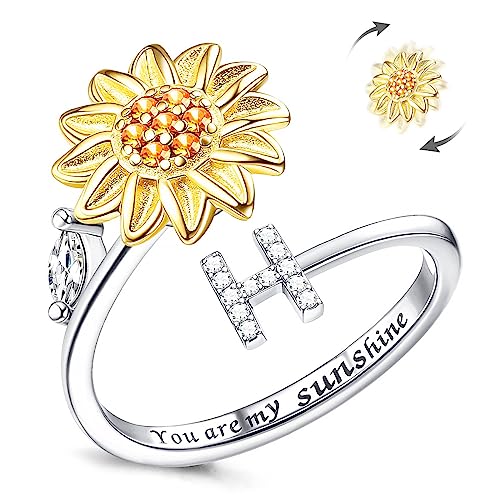 Kucheed Fidget Rings for Women, Sunflower Adjustable Size Spinner Ring, Silver Stackable Stress Relief Anti-Anxiety Letter Finger Circle, Engraved 'You Are My Sunshine'Inside the Jewelry Ring(H) -  ring-008