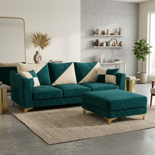Image of Juliet 4 Seater L Shape Sofa Set with Movable Ottomans | Flexible Layout | Rich Velvet Suede Fabric | Silver Legs | Dual Tone Modern Sofa for Living Roomn(Green Teal-Cream)