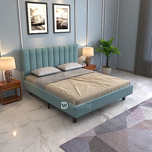 Image of DRIFTINGWOOD Florina Solid Engineered Wood Low Height King Size Bed Without Storage | Wooden Double Bed | Low Floor /Level /Profile Cot Bedroom Furniture | Cyan, Self Assembly (DIY)