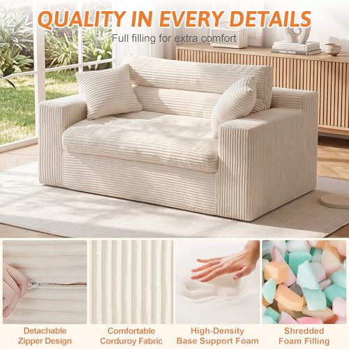 Image of Erament Boneless Loveseat Sofa Couch, 2 in 1 Convertible Sofa Bed with Pillows, Fold Out Bean Bag Chair Boneless Floor Couch for Living Room Bedroom Office Lounge Apartment, No Assembly Needed, Beige