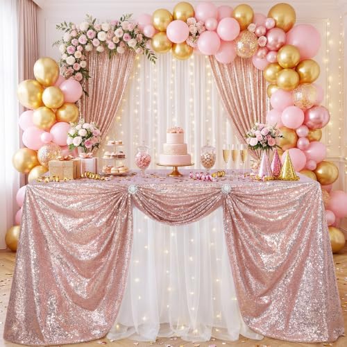 Image of Sequin Tablecloth Rectangle Party Desk Decor 60x102 Inch Blush Pink Fabric | Table Cloth Glitter Fabric Overlay for Indoor Outdoor Dining Baby Shower Wedding Parties Home Banquet
