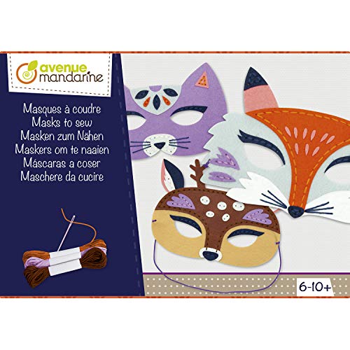 Avenue Mandarine - Kit Creativo De Máscaras Animales De Fieltro Para Coser – 1 Máscara De Zorro + 1 Máscara De Ciervo + 1 Máscara De Gato + 1 Aguja + 3 Ovillos De Hilo – A Partir De 6 Años – Kc093C