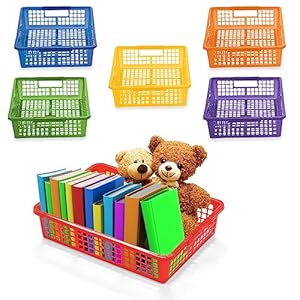 Fun Express Plastic Basket Classroom Organization, 6 Baskets with Handles, Assorted Colors, Classroom, Toy Room, Office Organization Made Colorful and Easy