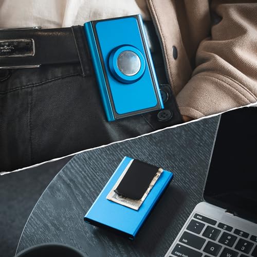 Image of VULKIT Pop Up Wallet with Money Clip and Airtag Holder, Slim Aluminum Wallet for Men RFID Blocking, Blue