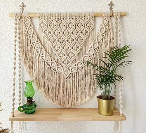 Home Macrame Wall Hanging Shelf with Fringe Bohemian Wall Decor Woven Home Decoration for Apartment Bedroom Living Room Gallery Baby Nursery (30" L X 20" W Inches) Ivory