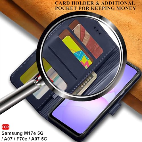 Image of TheGiftKart Flip Cover Back Case for Samsung Galaxy M17e 5G / A07 / F70e / A07 5G | Genuine Leather Finish | Designer Button | Inbuilt Pockets & Stand | Flip Back Cover Case (Faux Leather, Blue)