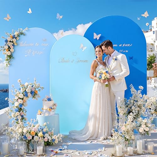Image of 3-Pack Shades of Blue Chiara Arch Backdrop Covers, Royal & Baby Blue Spandex Covers for 6ft 6.6ft 7.2ft Frames, Stretchable Fabric for Boy Baby Shower, Birthday, Wedding (Covers Only)