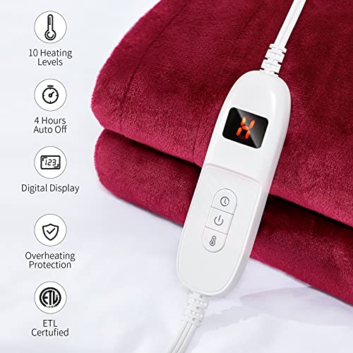 Heated Blanket Electric Throw, 10 Levels & 4H Timer Auto-Off, Machine Washable, Soft Flannel Sherpa Full Body Warming, Sofa Bed Office Use, Heating Blanket 50" X 60", Red #TOP3