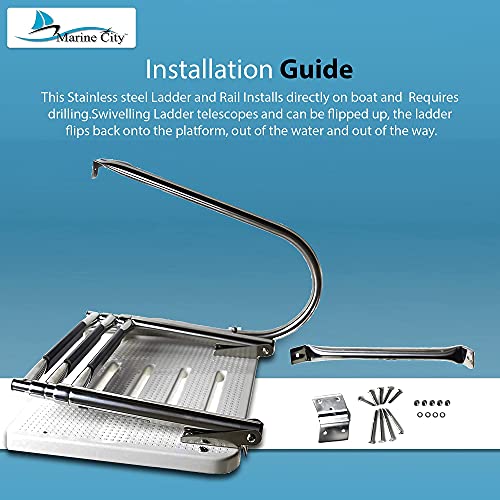 Marine City Stainless Steel 3 Step O/B Swim Platform Ladder Harbour Mate Telescoping Boat Ladder Electro-Polished Rails with 3 Anti-Slip Footsteps with Fine Finish for Boats, Ships