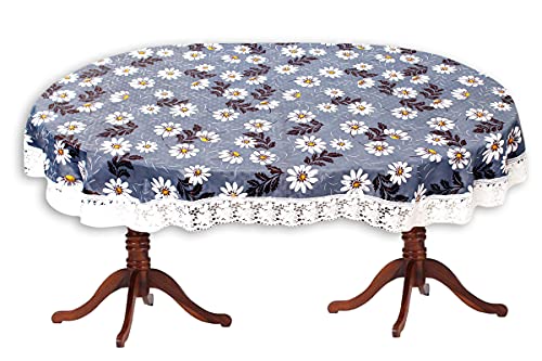 Image of The Furnishing Tree Waterproof PVC Oval Shaped 10 Seater Table Cover WxL 60x120 inches Floral Pattern Blueish Grey with White Border lace