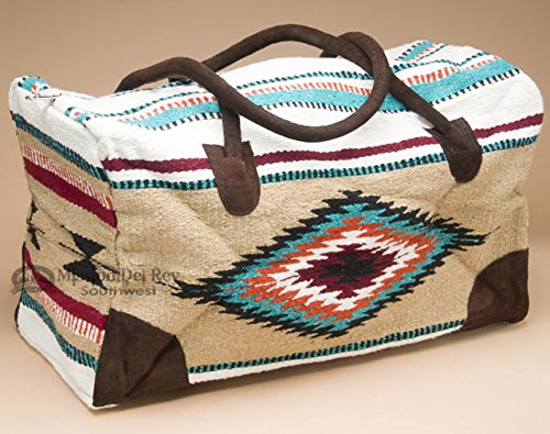 Go West Travel Bag -Weekender Duffle Bag, Hand Woven Rug Bag w/Leather Handles -El Paso Saddle Blanket (B-Tan, X-Large)2