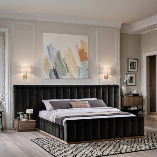 Image of Meridian Furniture AmaraBlack-K133 Collection Modern | Contemporary King Bed, Ultra Luxe Black 460 GSM Velvet, Natural Finish, Solid Wood Base and Inner Frame, 133 inch W x 99 inch D x 51 inch H, Black, King