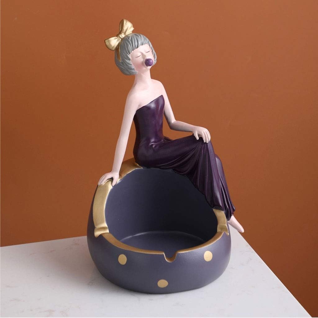 Ash Tray Lidless Ashtray Resin Ashtray Outdoor Indoor Home Office Beautifully Decorated Girl Ashtray Large 5.51 * 8.85 Inches Outdoor Ashtray(Purple)