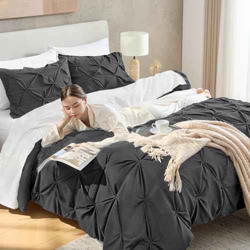 Image of Andency Oversized Queen Pinch Pleat Comforter Set (98 inchx98 inch),3 Piece Lightweight Pintuck Bedding Comforters & Sets, Fluffy Down Alternative Comforter with 2 Pillow Shams for All Season,White