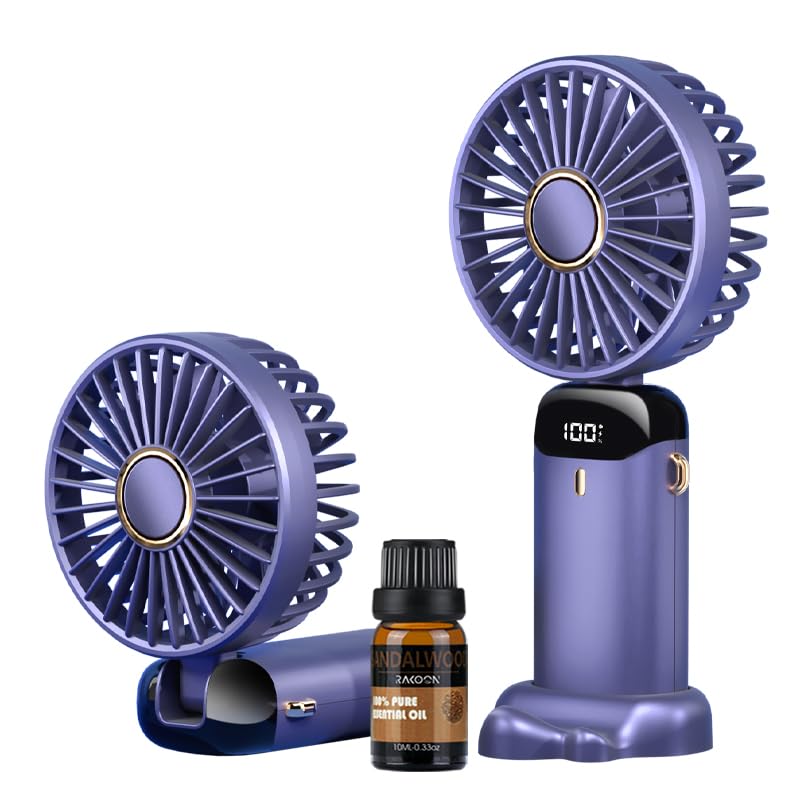 Rakoon Portable Handheld Fan, 5 Wind Speeds Personal Fan with Aromatherapy, Hanging Neck & Handheld & Desktop, Convenient for Outdoor Travel, Blue, PF001