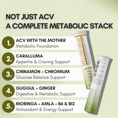 Image of ACV Effervescent Tablets - 750mg Apple Cider Vinegar with Mother | 11 Actives with Caralluma, Moringa & Ceylon Cinnamon | Appetite, Digestive & Metabolic Balance | Green Apple | 15 Tablets (Pack 1)