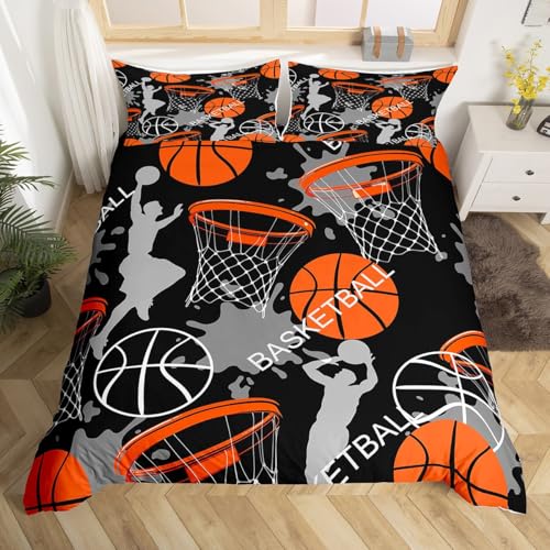 Juego de ropa de cama de baloncesto para niños, niñas, adolescentes, temática deportiva, 3D de baloncesto, con diseño de estrellas, funda de edredón y 2 fundas de almohada