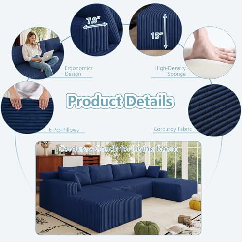 Image of 124 inch Boneless Cloud Sectional Couch Modular Sofa with Ottoman | Modern U-Shaped Couches, Comfy Corduroy Memory Foam Sofas with Oversized Chaise for Living Room (Blue, Left-Facing Chaise)