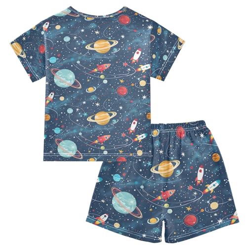 ALAZA Cartoon Planet Solar System Outer Space Pajamas Set Short Sleeve Cotton Sleepwear Summer Pjs 2 Piece 5-14Y2