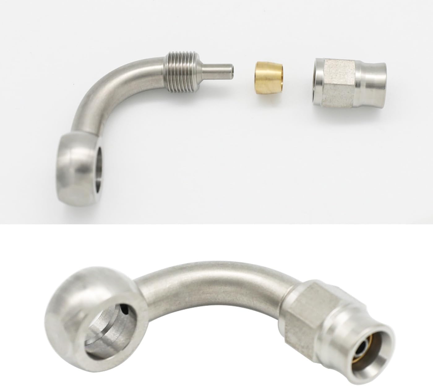 Stainless Steel 45 Degree Brake Hose End Fitting Banjo Eye Hole Diameter 11.2mm (7/16) to AN3 PTFE Brake Hose Line With Brass Olive