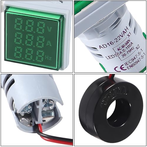 Image of Alinan 3 in 1 60-500V 0-100A AC Digital Ammeter Voltmeter, 22mm Square Digital Tube Screen with Transformer, LED Display Voltage Detector Current Tester Gauge (Green)