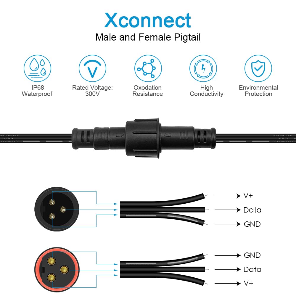 ALITOVE Xconnect Pigtail Lot de 10 paires de connecteurs électriques étanches à 3 broches 18 AWG 15 cm compatibles avec ASIN B0923SDR5T B0CM95W84B B0CW9NQ12K B0CM976SKW pour lumières extérieures