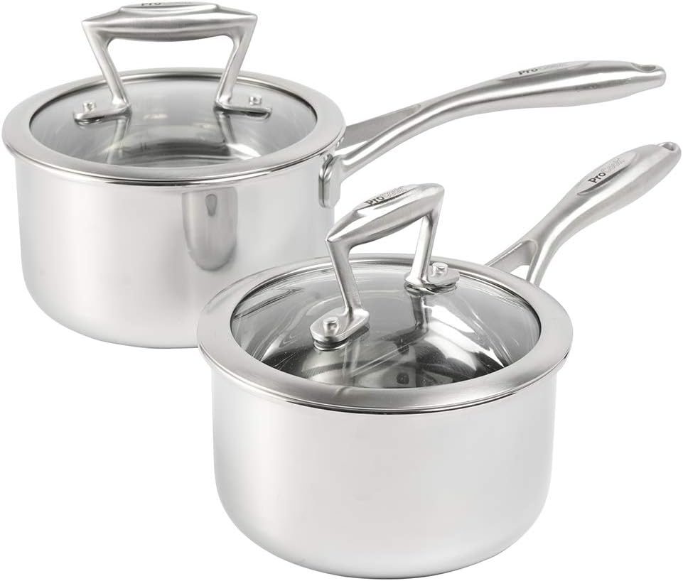 ProCook Elite Tri-Ply Saucepan Set, 2 Pieces, Saucepans, Stainless Steel, Induction, Saucepans with Tempered Glass Lids and Heat-Resistant Handles