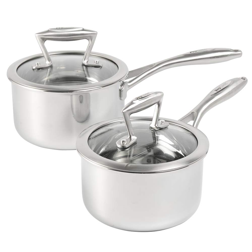 ProCook Elite Tri-Ply Saucepan Set, 2 Pieces, Saucepans, Stainless Steel, Induction, Saucepans with Tempered Glass Lids and Heat-Resistant Handles