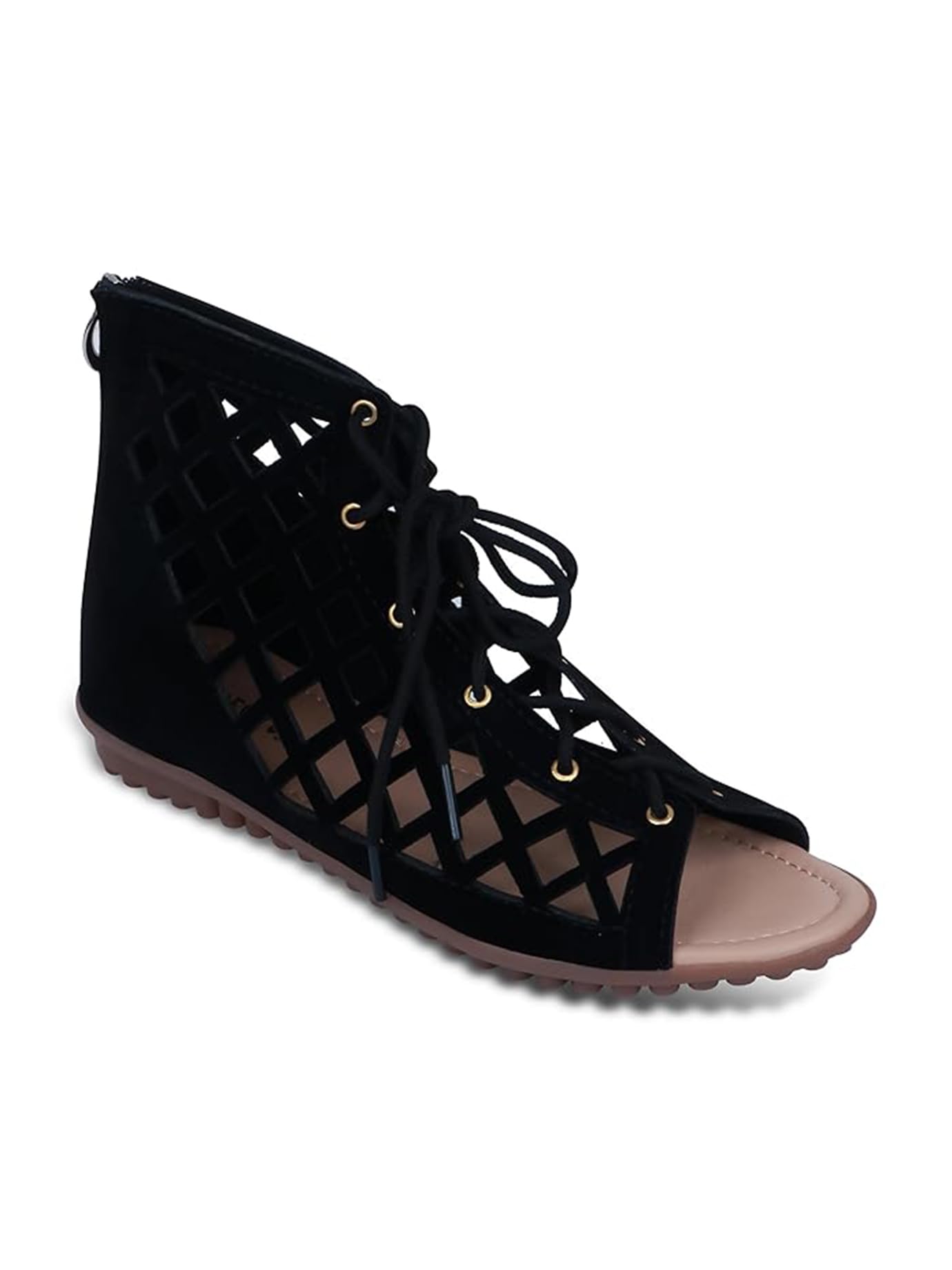 RAHEGAS Women Black Lace-Up Gladiator Flats with Cutwork Upper & Lightweight TPR Sole-picture-54