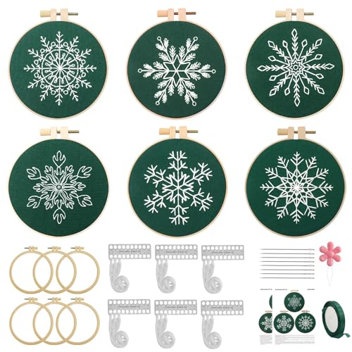 Image of CMINAUS 6 Sets Christmas Embroidery kit for Beginners Adults, Green Christmas Ornament Kit Snowflakes Needlepoint Cross Stitch Kits, Stitch Learning Kit with Needles Ropes Ribbon for Xmas Decorations