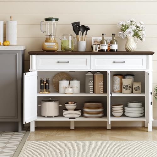 Image of ONBRILL 55 Inch Buffet Cabinet with Storage, Farmhouse Sideboard Buffet w /2 Drawers and 3 Doors, Wood Coffee Bar Cabinet with Adjustable Shelves, Sideboard Storage for Kitchen, Living Room, Off White