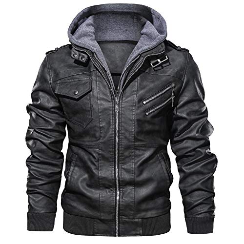 Mens Jacket Mens Vintage Leather Biker Hooded Bomber Jacket Coat Parka Classic Lightweight Casual Smart Sports Outwear Winter Stylish Clothing,03,XXL